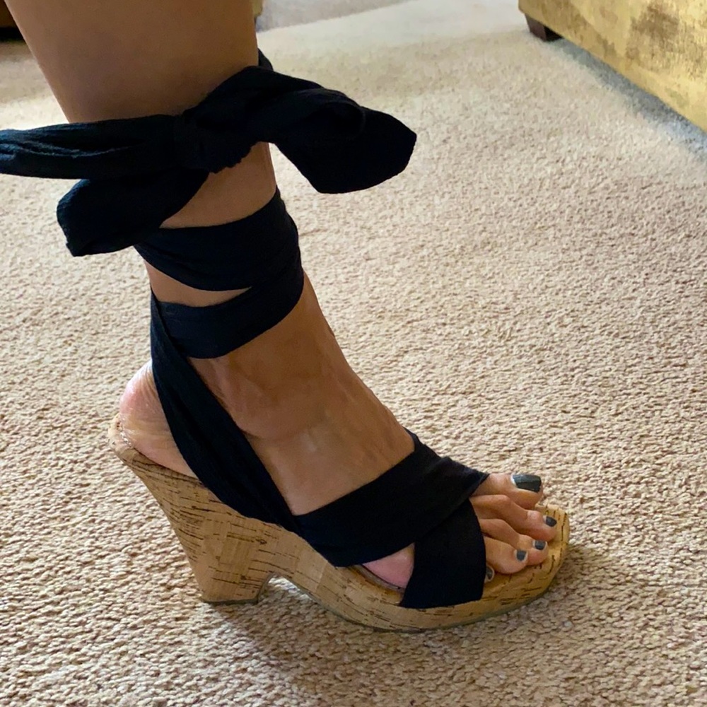 EUC cork wedge with black cotton straps